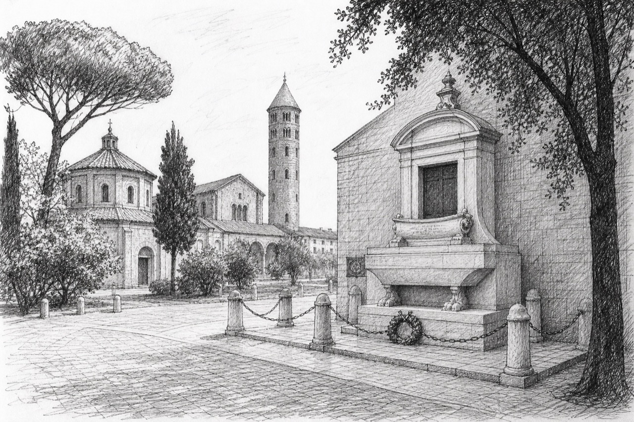 Hand-drawn pencil travel sketch for Ravenna, Italy