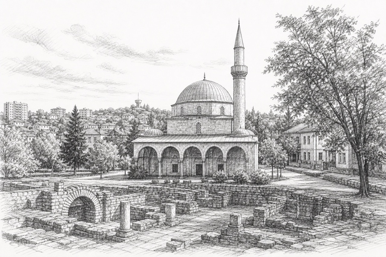 Hand-drawn pencil travel sketch for Razgrad, Bulgaria