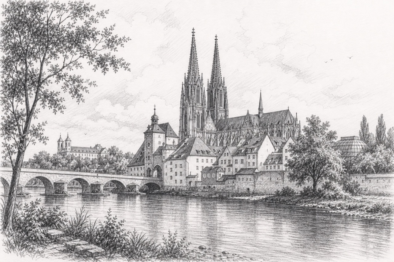 Hand-drawn pencil travel sketch for Regensburg, Germany