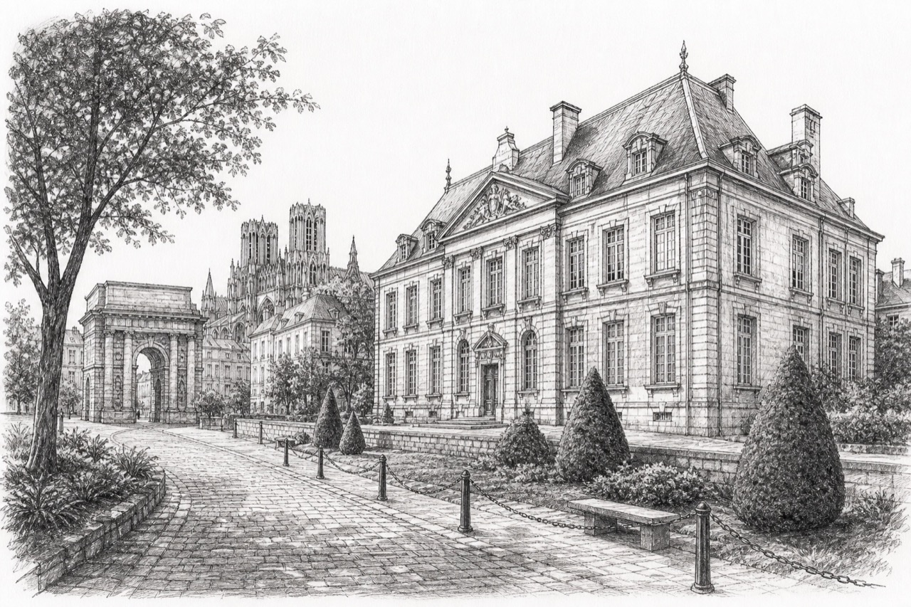 Hand-drawn pencil travel sketch for Reims, France