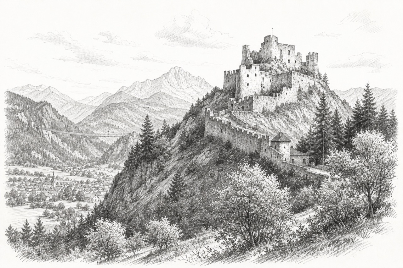 Hand-drawn pencil travel sketch for Reutte, Austria