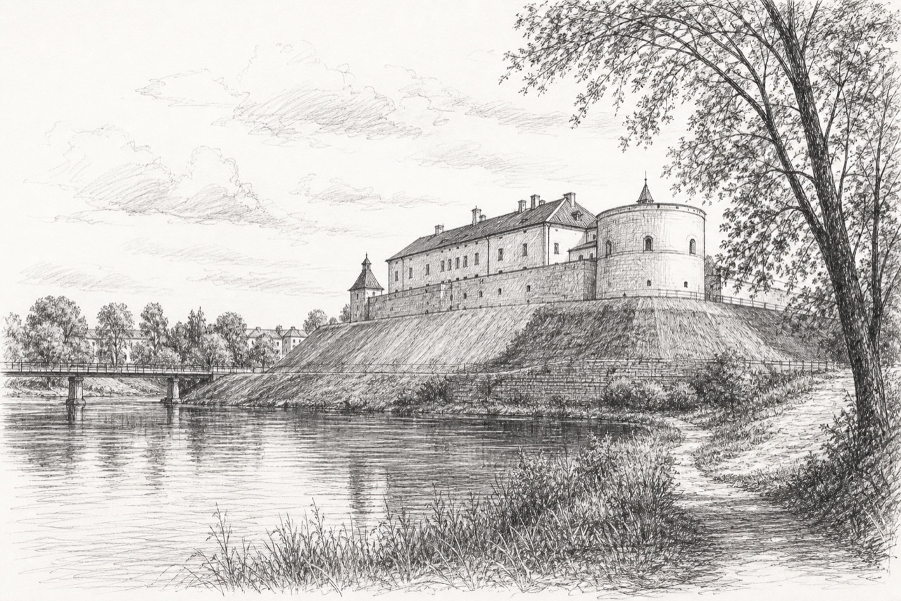 Hand-drawn pencil travel sketch for Rēzekne, Latvia
