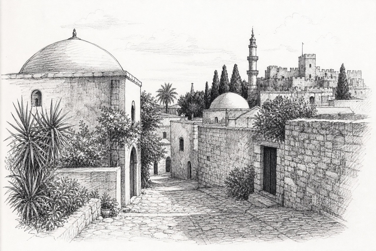 Hand-drawn pencil travel sketch for Rhodes, Greece