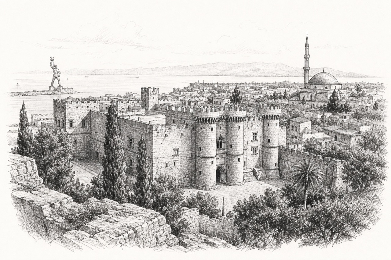 Hand-drawn pencil travel sketch for Rhodes, Greece