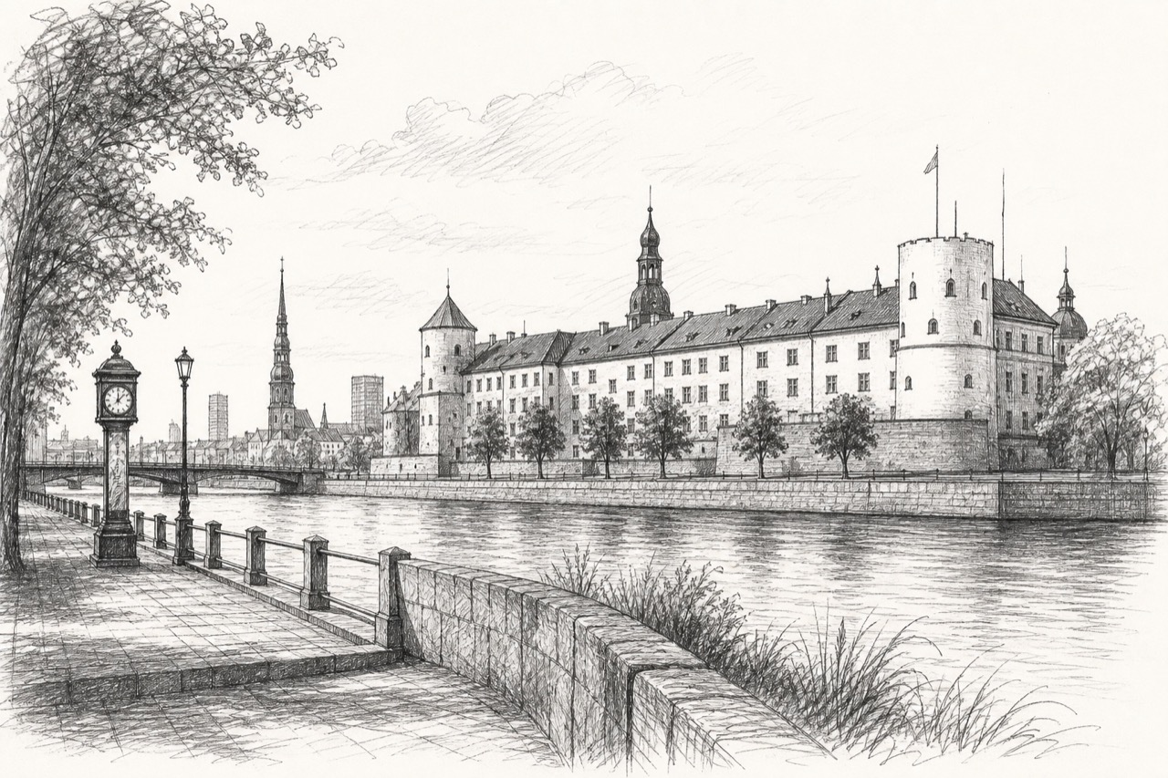 Hand-drawn pencil travel sketch for Riga, Latvia