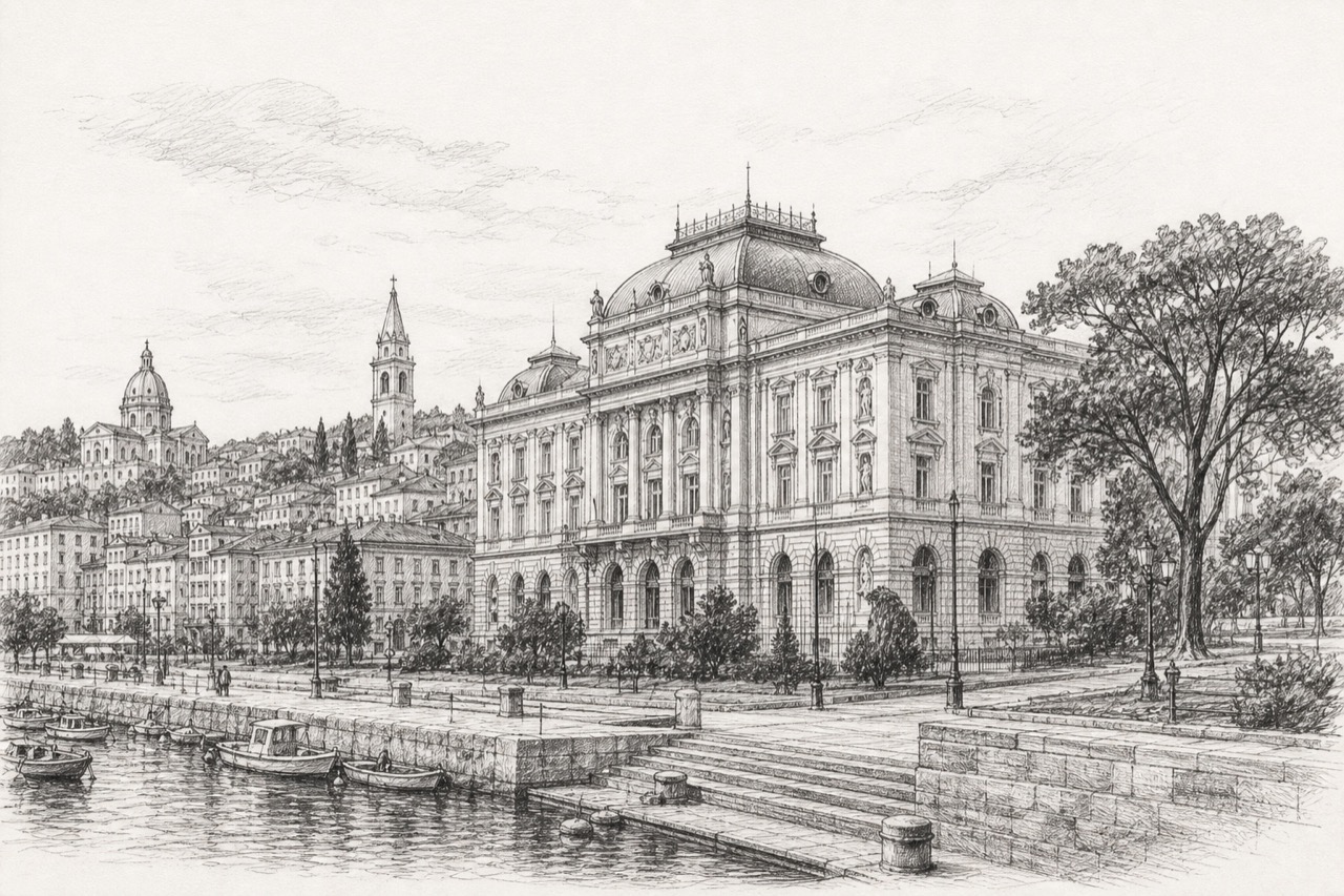 Hand-drawn pencil travel sketch for Rijeka, Croatia