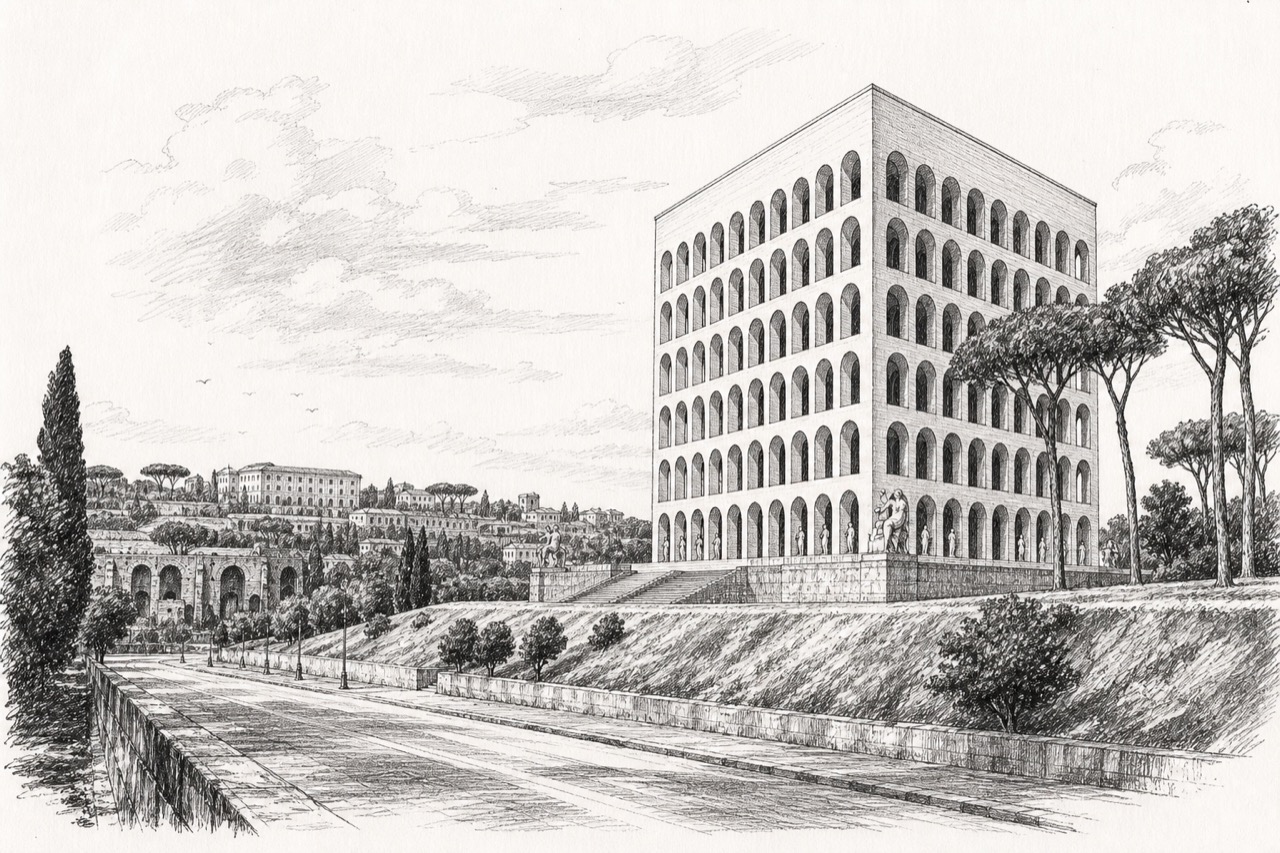 Hand-drawn pencil travel sketch for Rome, Italy