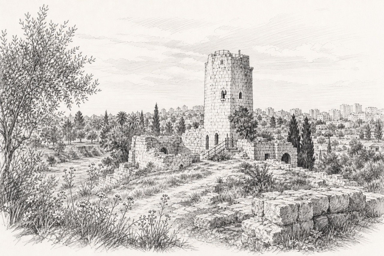 Hand-drawn pencil travel sketch for Rosh HaAyin, Israel