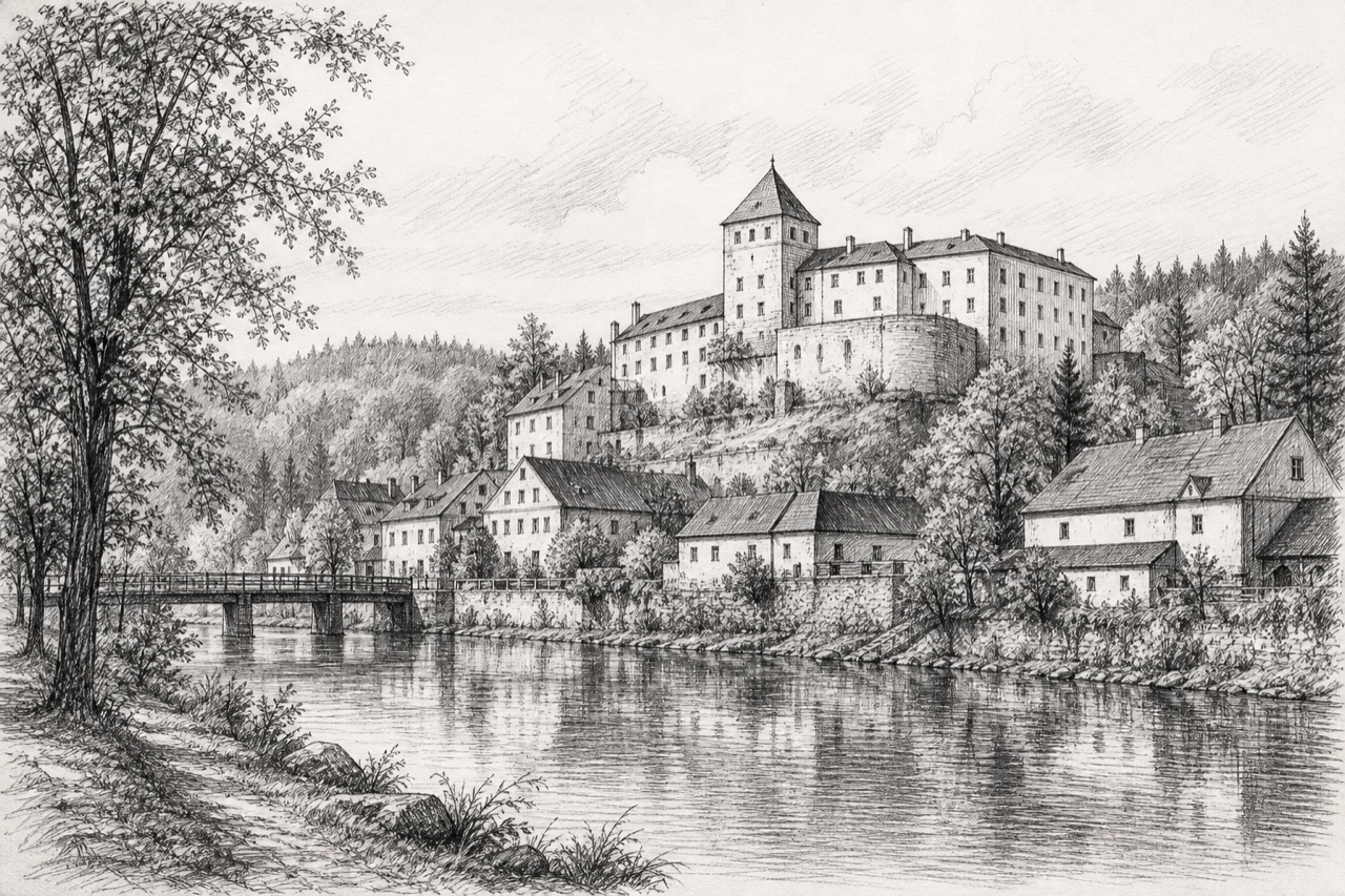 Hand-drawn pencil travel sketch for Rožmberk nad Vltavou, Czech Republic