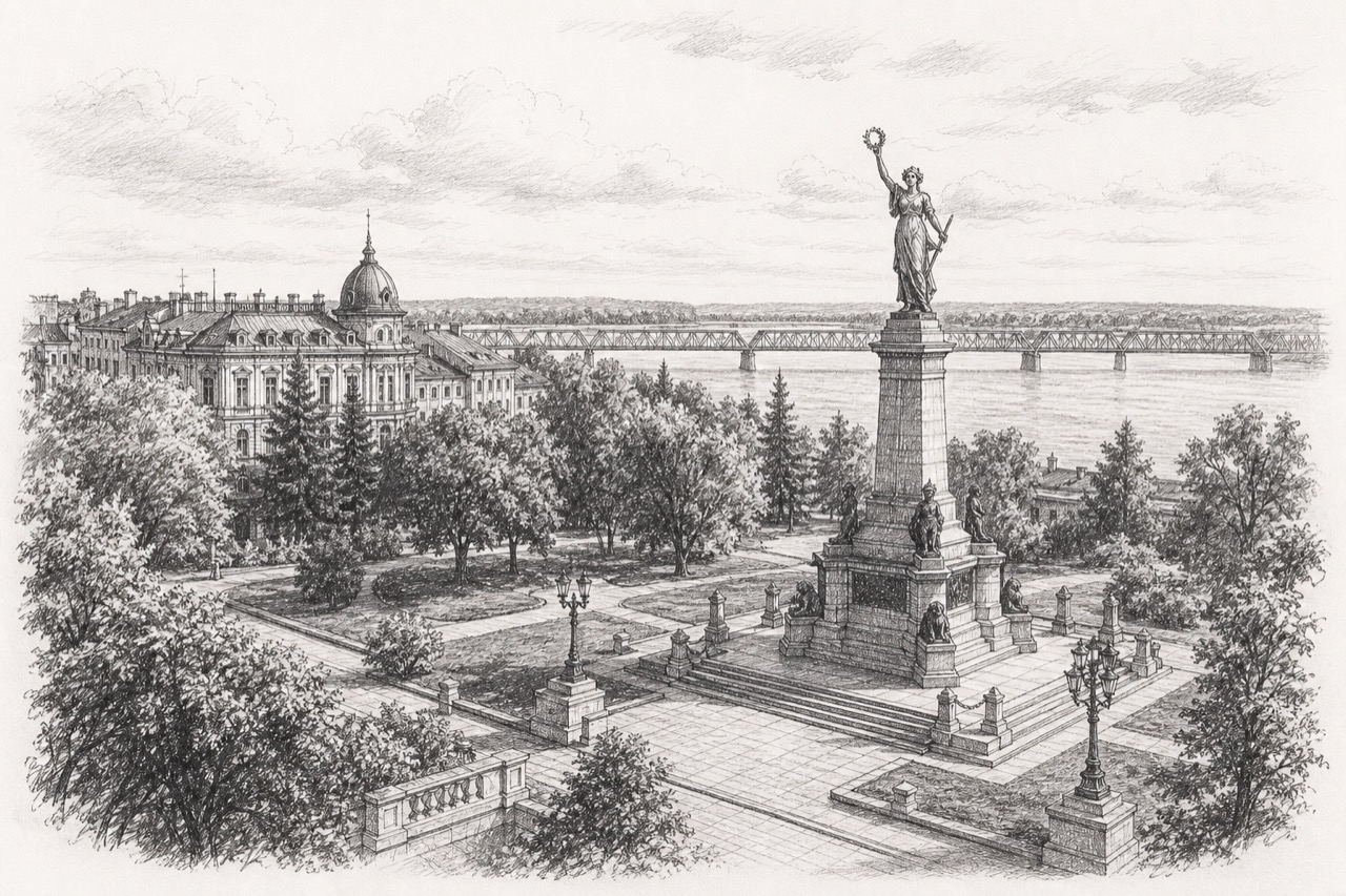 Hand-drawn pencil travel sketch for Ruse, Bulgaria