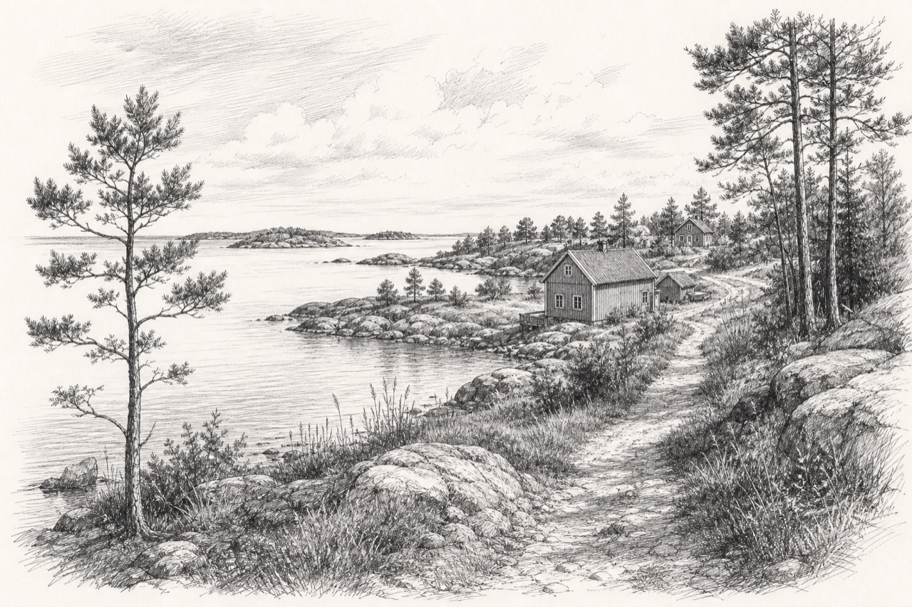 Hand-drawn pencil travel sketch for Rymättylä, Finland