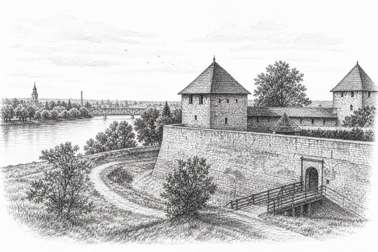 Hand-drawn pencil travel sketch for Šabac, Serbia