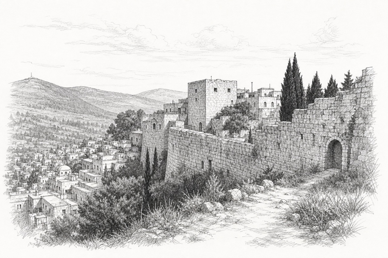 Hand-drawn pencil travel sketch for Safed, Israel