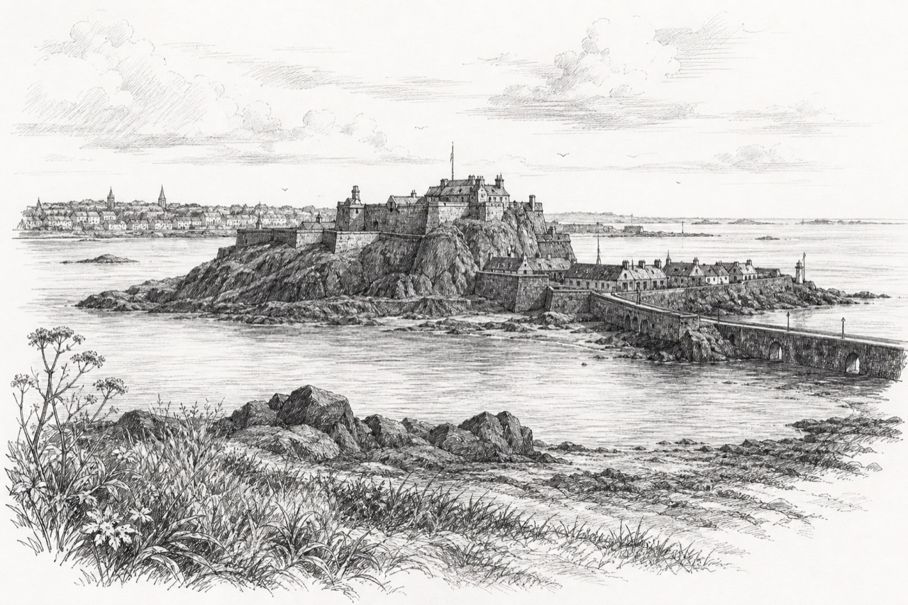 Hand-drawn pencil travel sketch for Saint Helier, Jersey