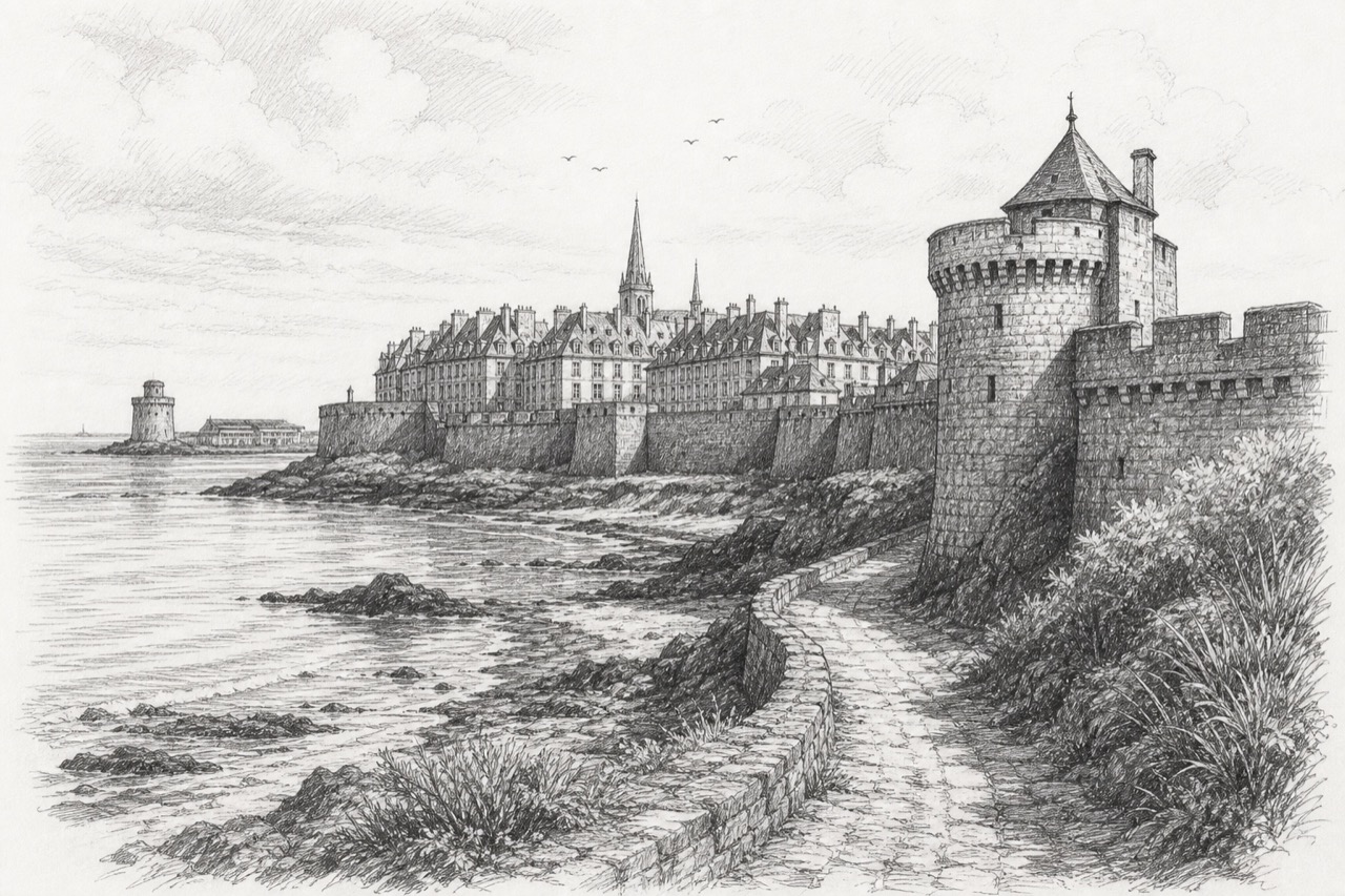 Hand-drawn pencil travel sketch for Saint-Malo, France