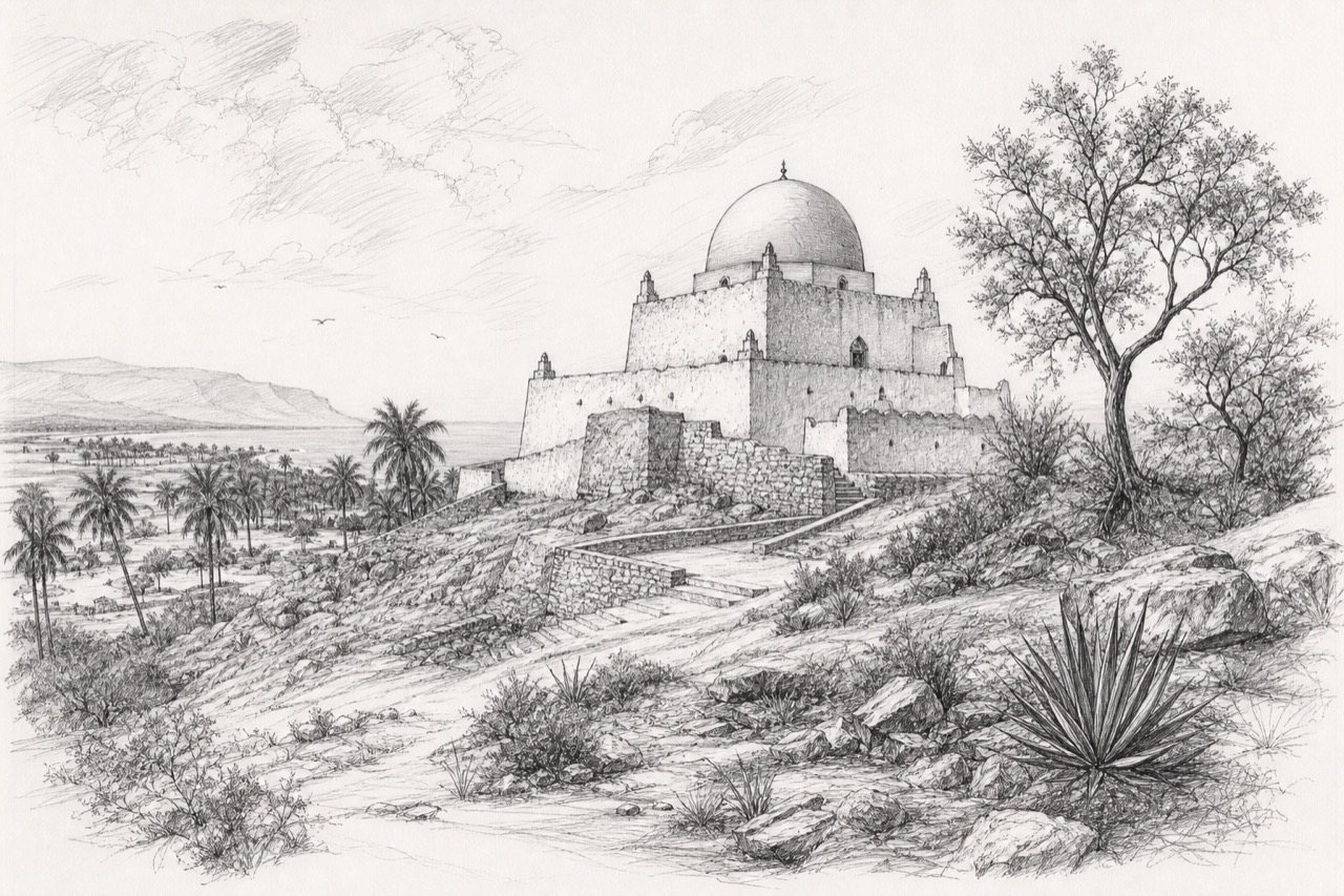 Hand-drawn pencil travel sketch for Salalah, Oman