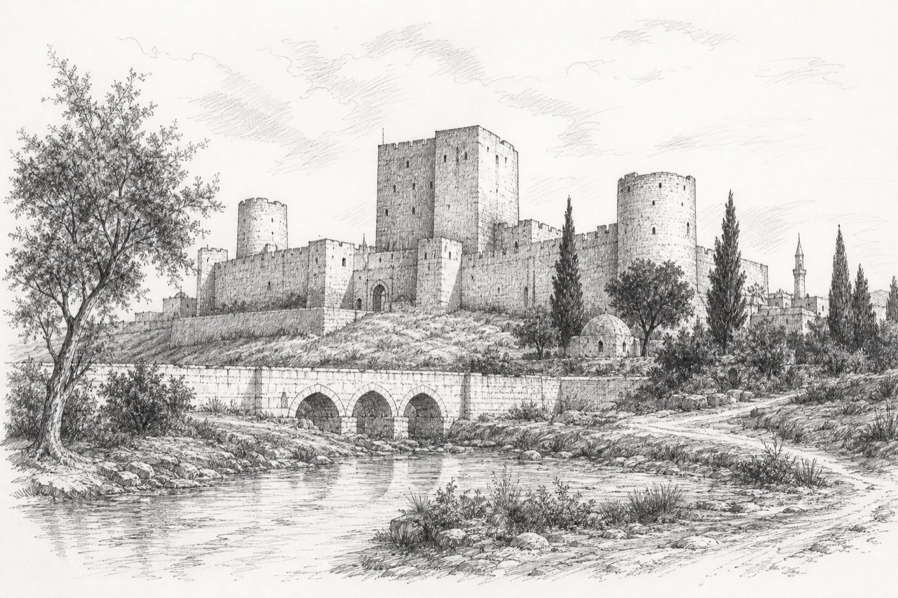 Hand-drawn pencil travel sketch for Salamiyah, Syria