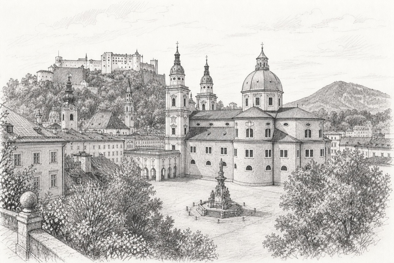 Hand-drawn pencil travel sketch for Salzburg, Austria