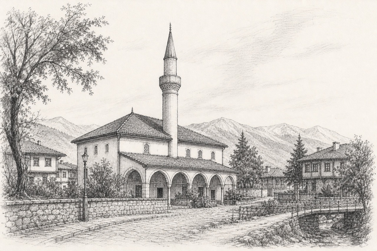 Hand-drawn pencil travel sketch for Samokov, Bulgaria