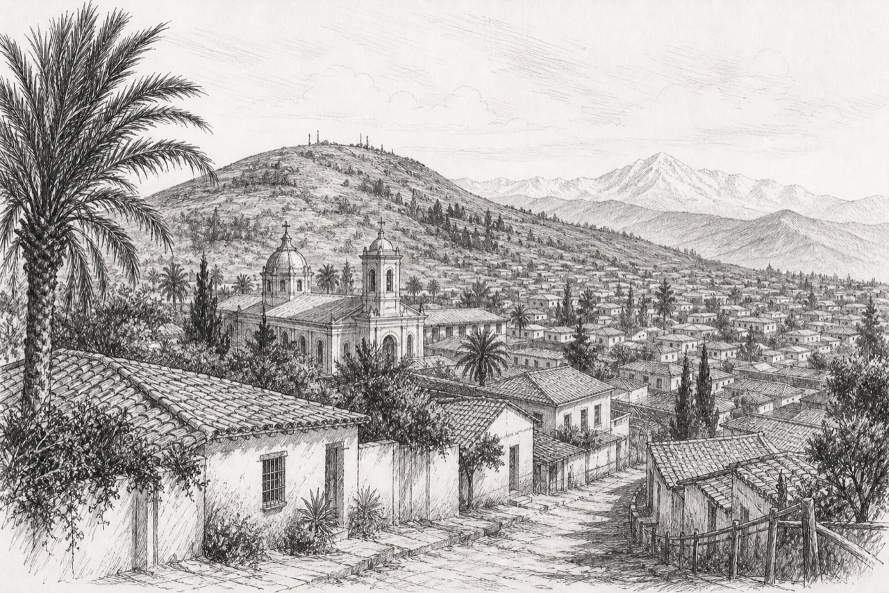 Hand-drawn pencil travel sketch for San Clemente, Chile