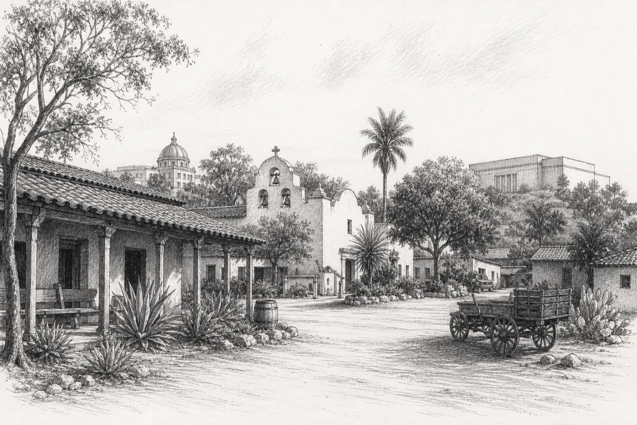 Hand-drawn pencil travel sketch for San Diego, United States
