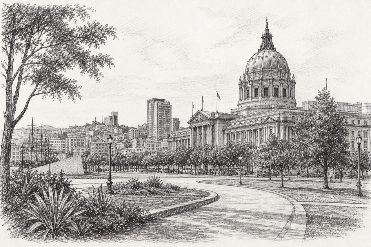 Hand-drawn pencil travel sketch for San Francisco, United States