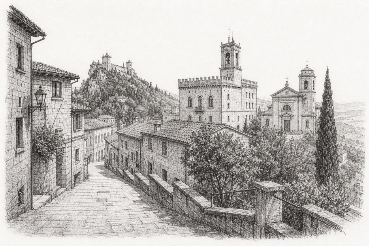 Hand-drawn pencil travel sketch for San Marino, San Marino