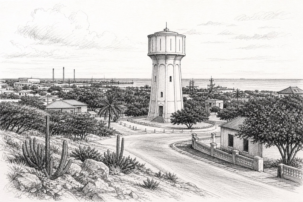 Hand-drawn pencil travel sketch for San Nicolas, Aruba
