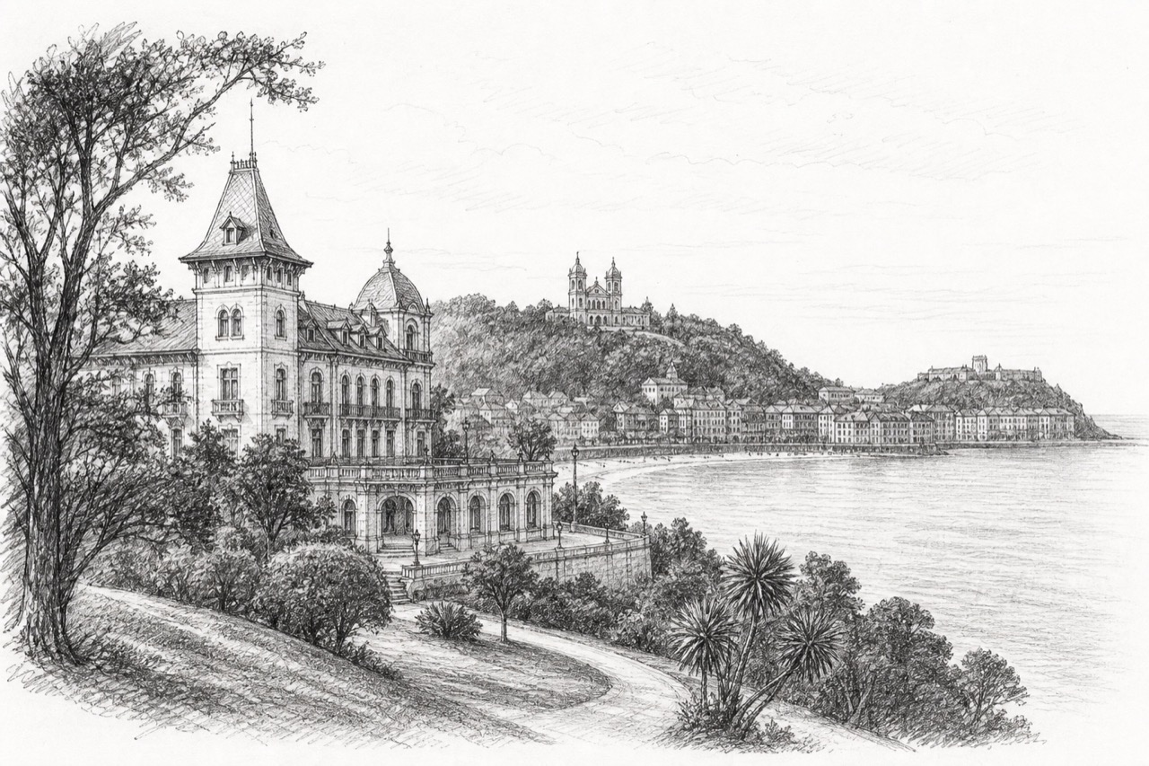 Hand-drawn pencil travel sketch for San Sebastián, Spain