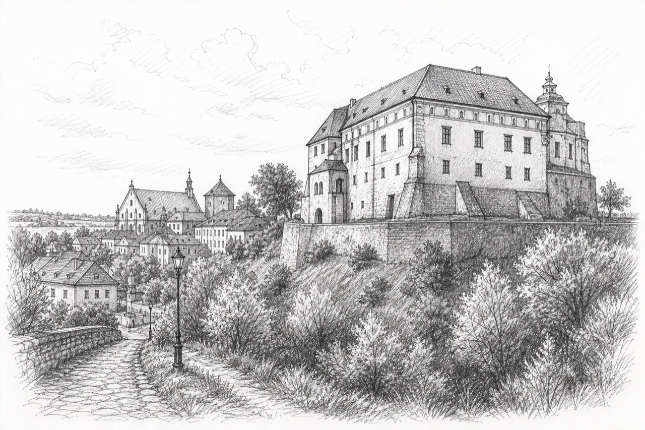 Hand-drawn pencil travel sketch for Sandomierz, Poland