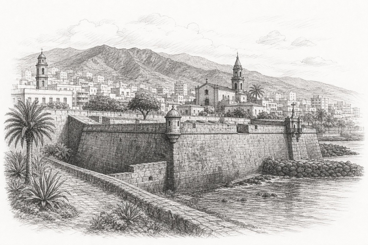 Hand-drawn pencil travel sketch for Santa Cruz de Tenerife, Spain