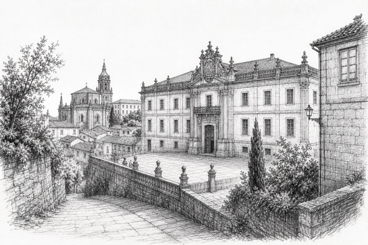 Hand-drawn pencil travel sketch for Santiago de Compostela, Spain