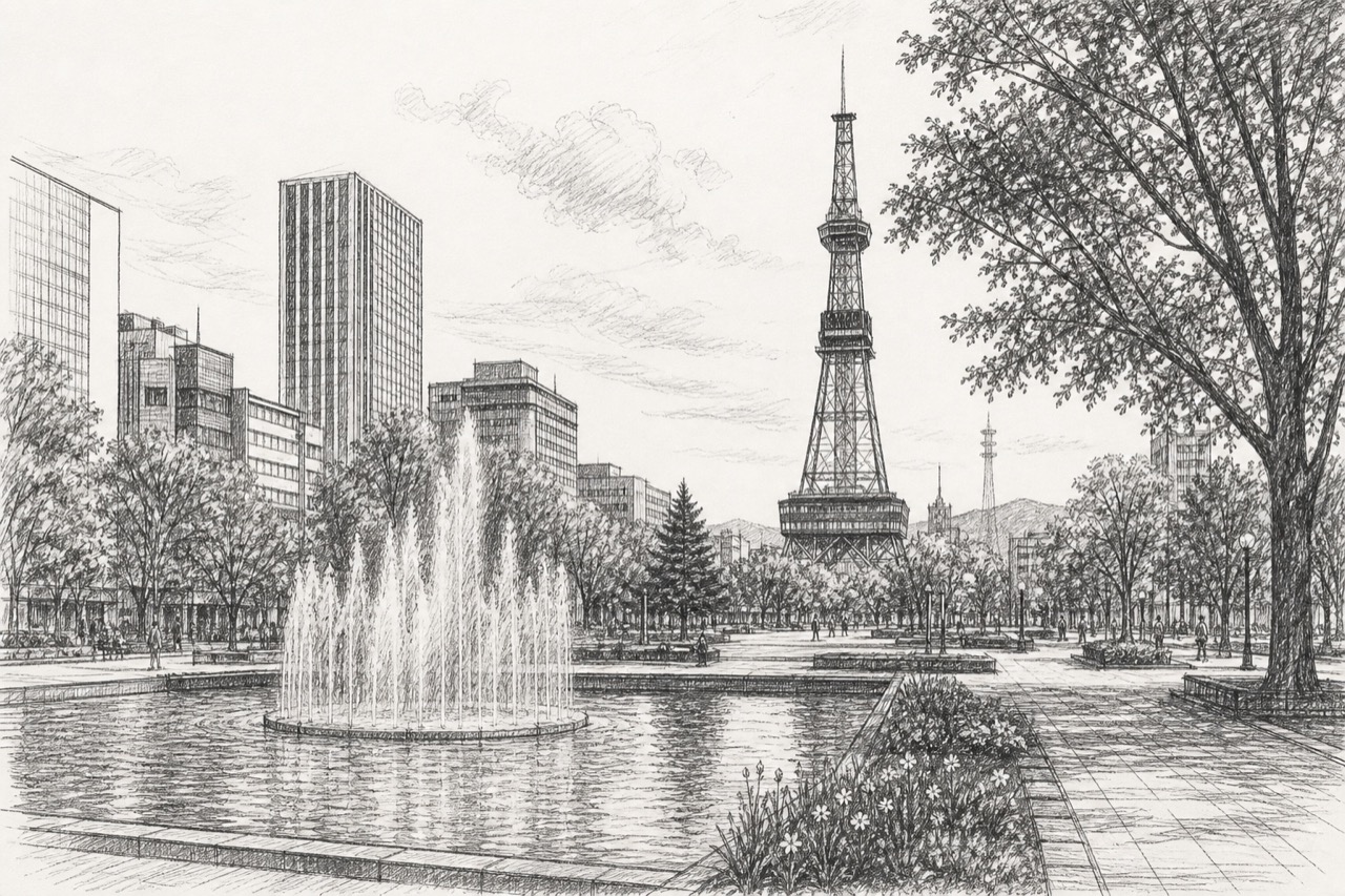 Hand-drawn pencil travel sketch for Sapporo, Japan