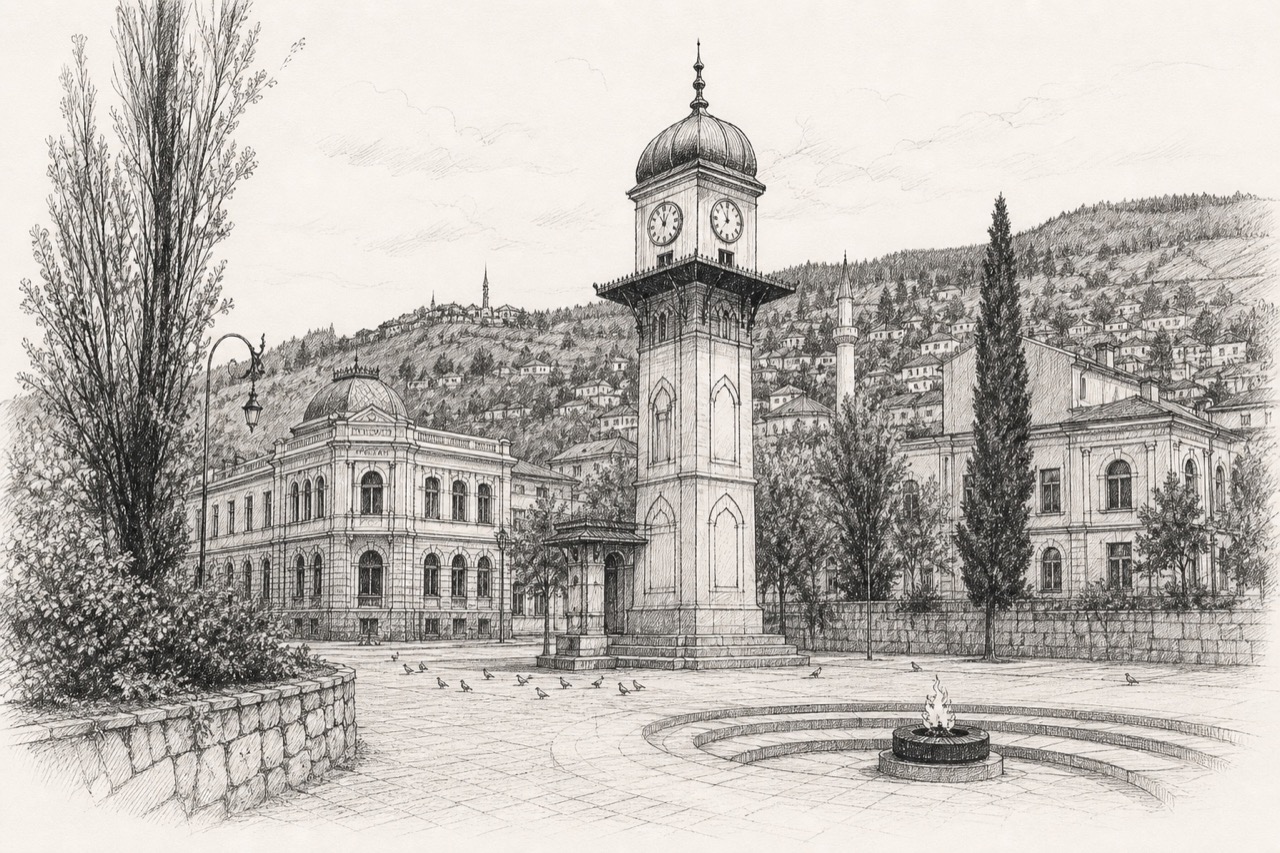 Hand-drawn pencil travel sketch for Sarajevo, Bosnia and Herzegovina
