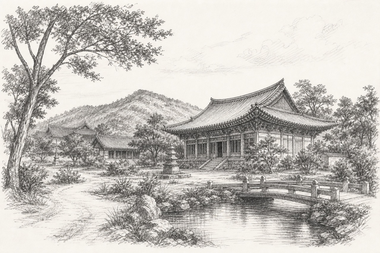 Hand-drawn pencil travel sketch for Sariwon, North Korea