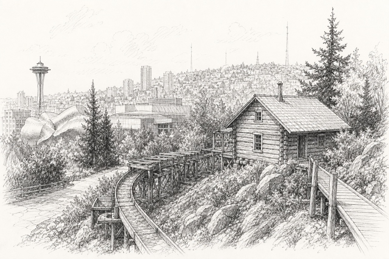 Hand-drawn pencil travel sketch for Seattle, United States