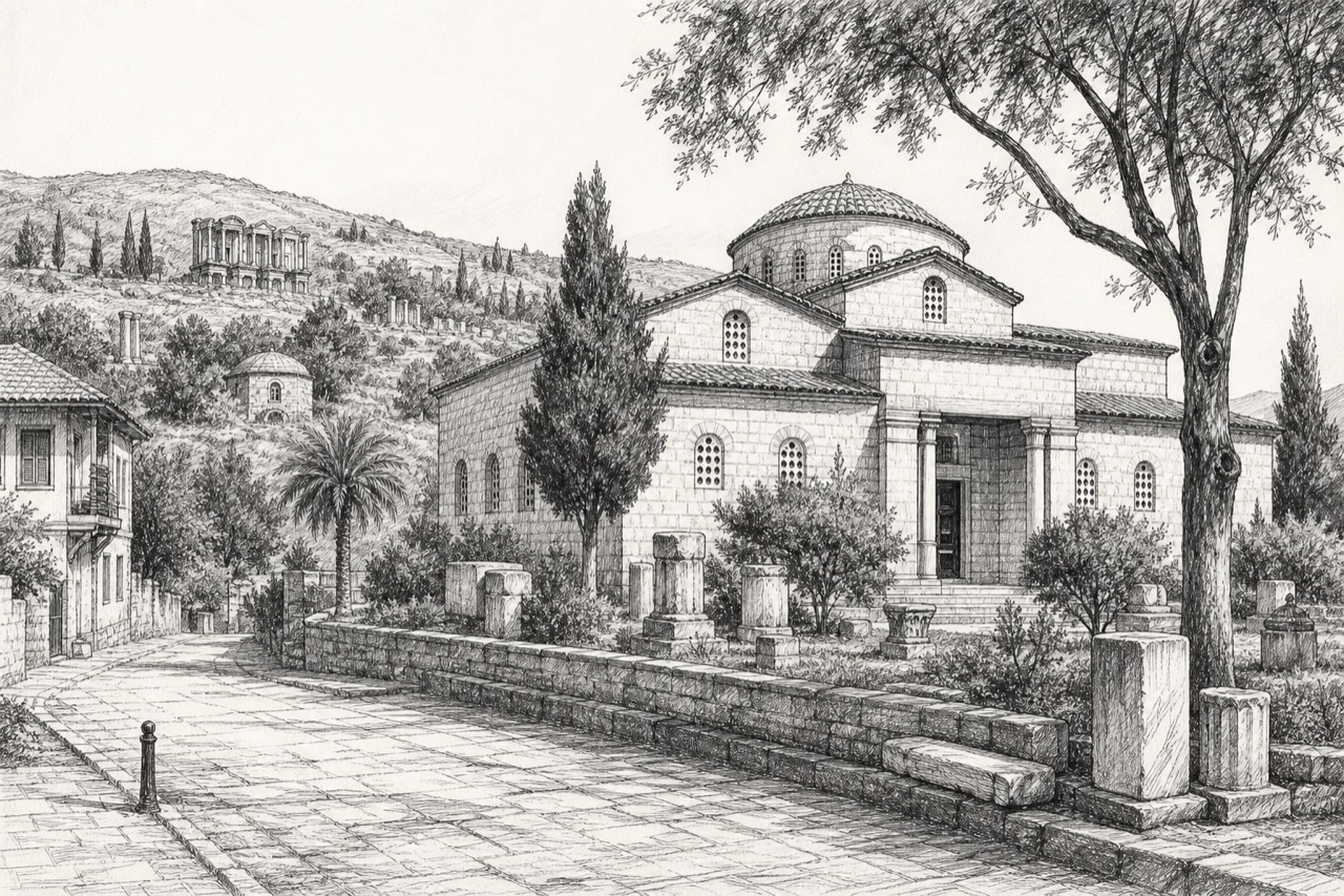 Hand-drawn pencil travel sketch for Selçuk, Turkey