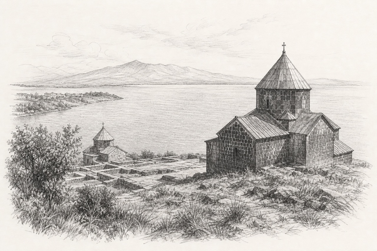 Hand-drawn pencil travel sketch for Sevan, Armenia