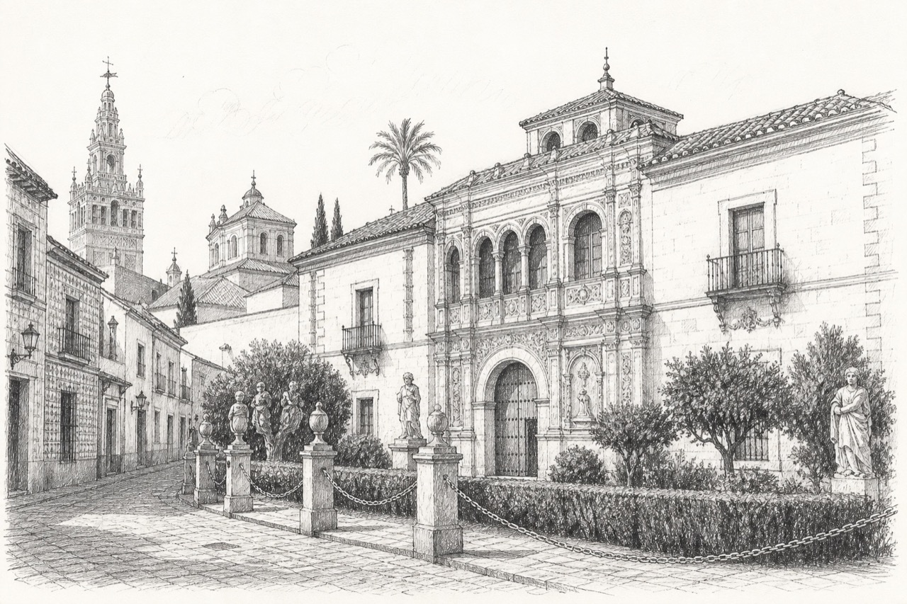 Hand-drawn pencil travel sketch for Seville, Spain