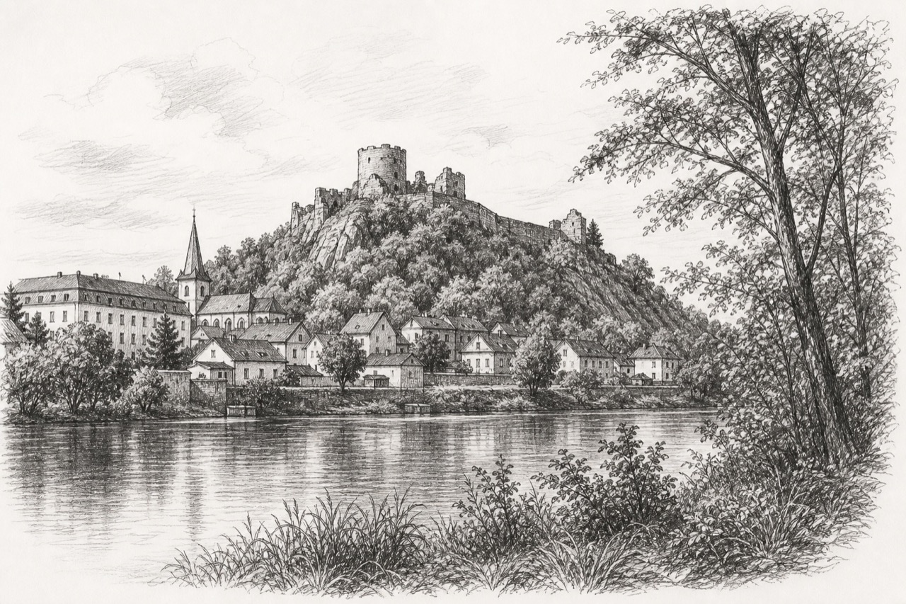 Hand-drawn pencil travel sketch for Sezimovo Ústí, Czech Republic