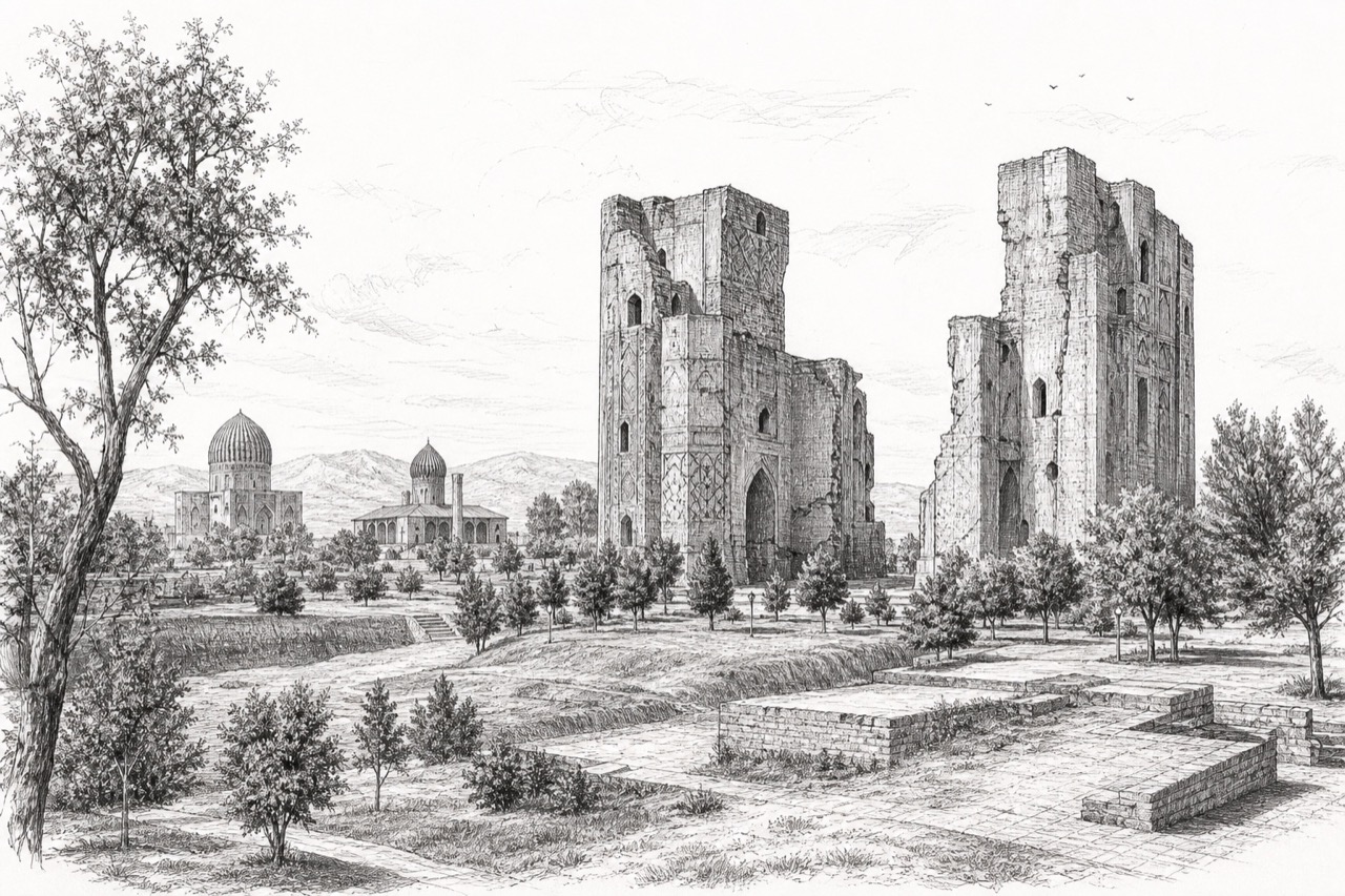 Hand-drawn pencil travel sketch for Shahrisabz, Uzbekistan