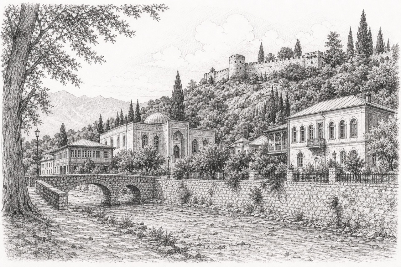Hand-drawn pencil travel sketch for Shaki, Azerbaijan