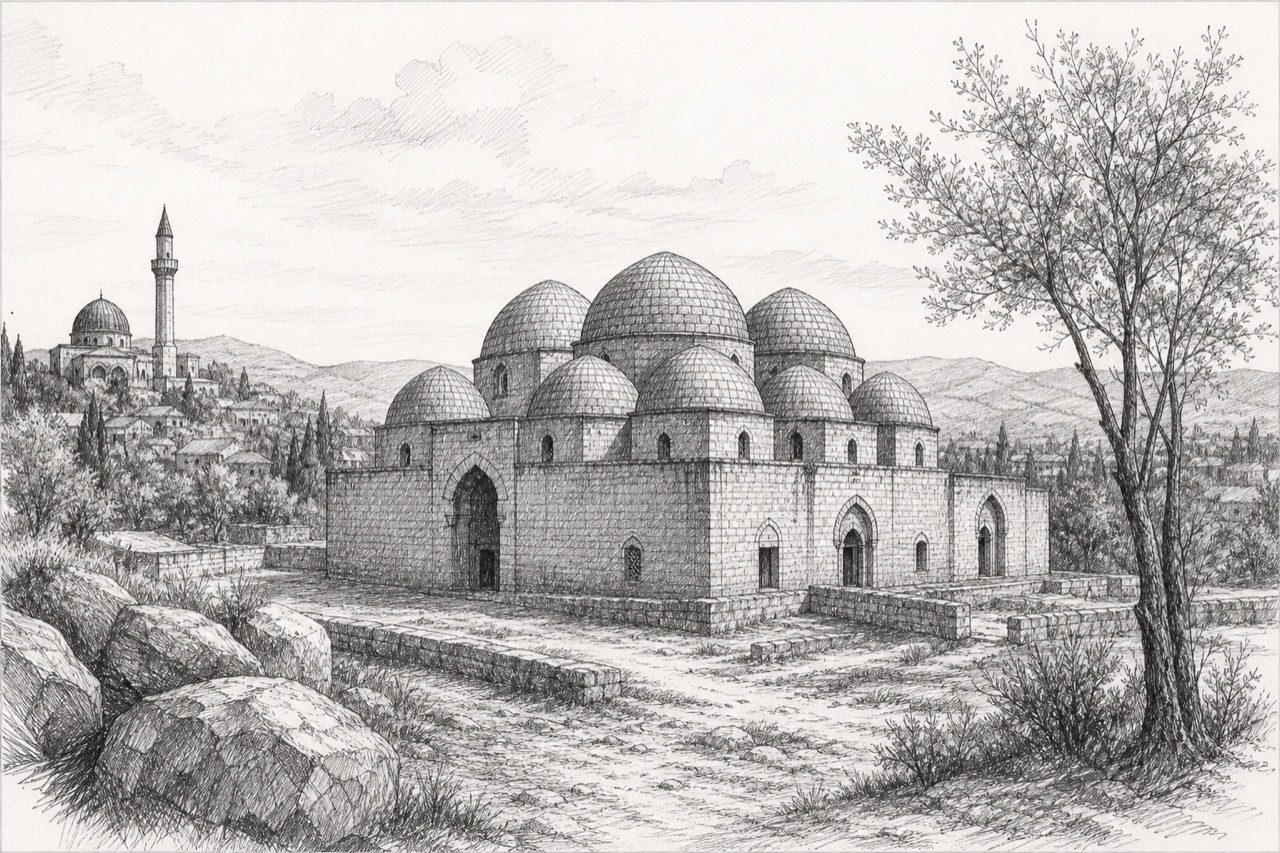 Hand-drawn pencil travel sketch for Shamakhi, Azerbaijan