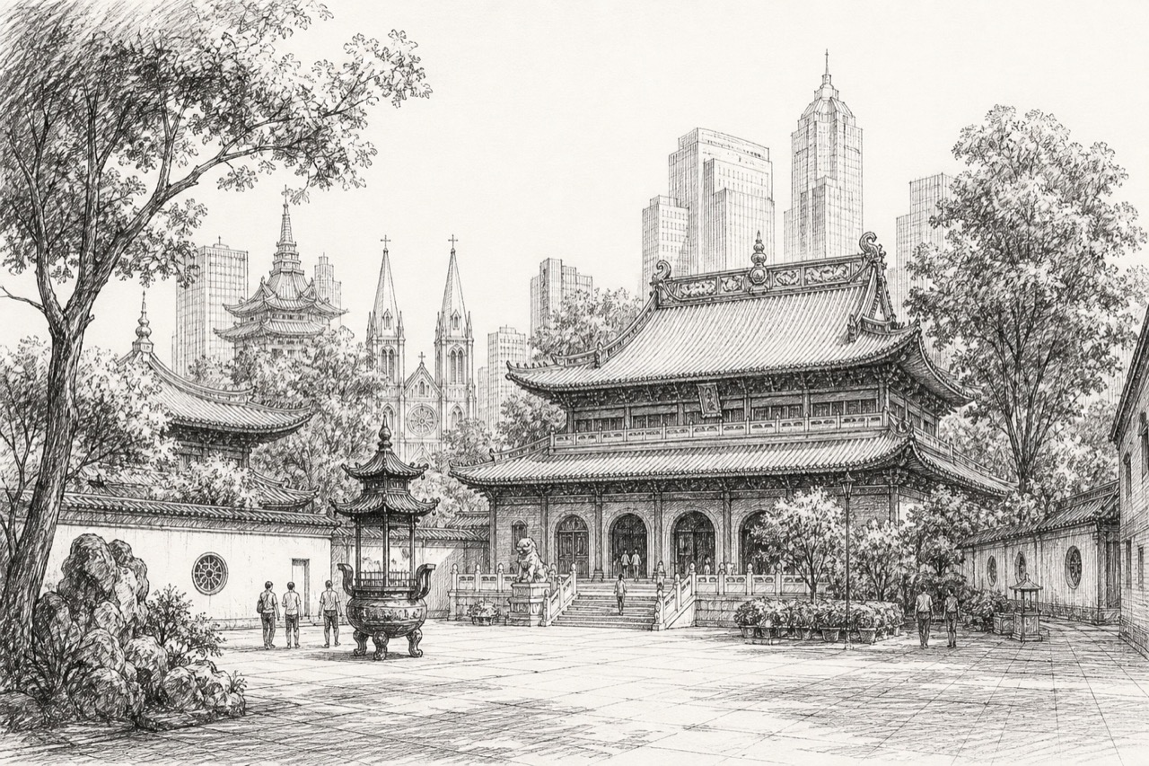 Hand-drawn pencil travel sketch for Shanghai, People's Republic of China
