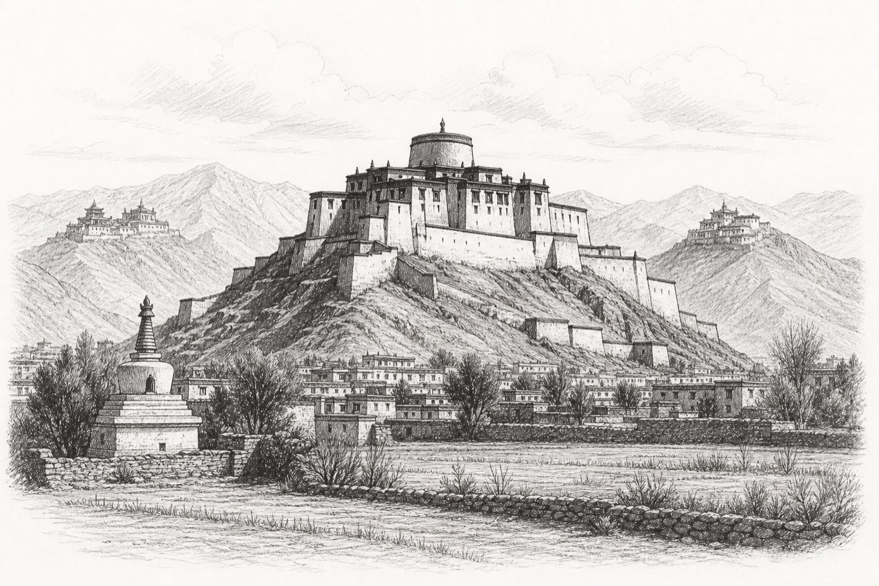 Hand-drawn pencil travel sketch for Shigatse, People's Republic of China