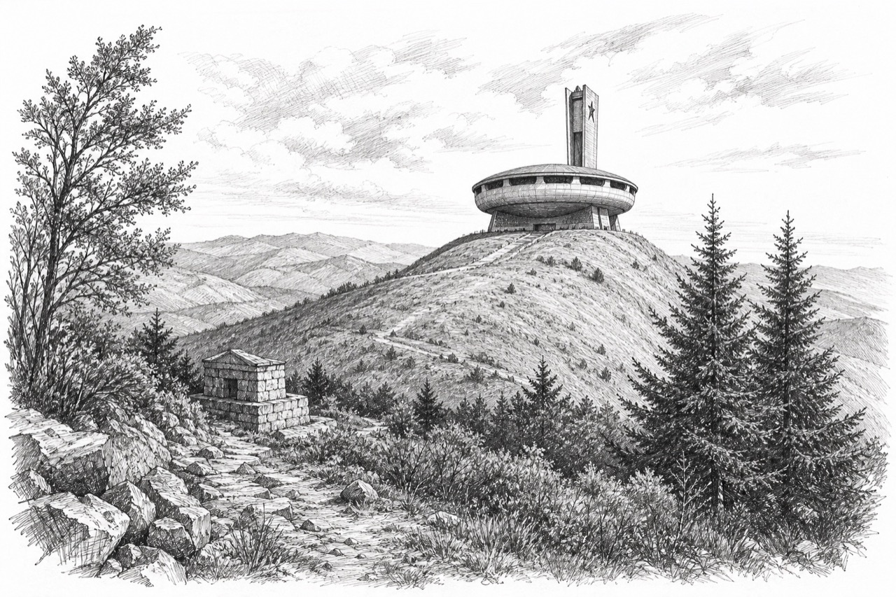 Hand-drawn pencil travel sketch for Shipka, Bulgaria