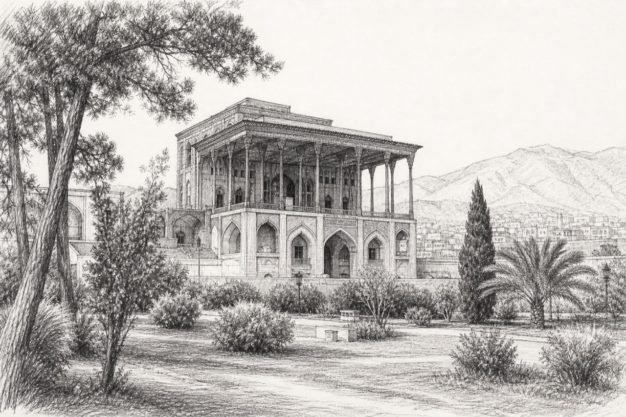Hand-drawn pencil travel sketch for Shiraz, Iran