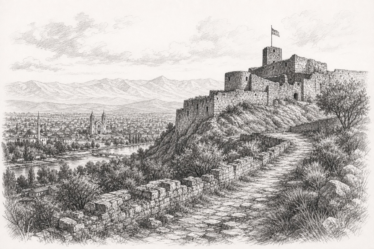 Hand-drawn pencil travel sketch for Shkodër, Albania