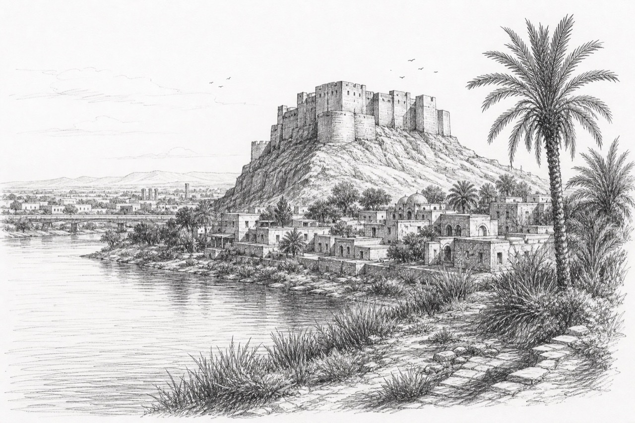 Hand-drawn pencil travel sketch for Shush, Iran