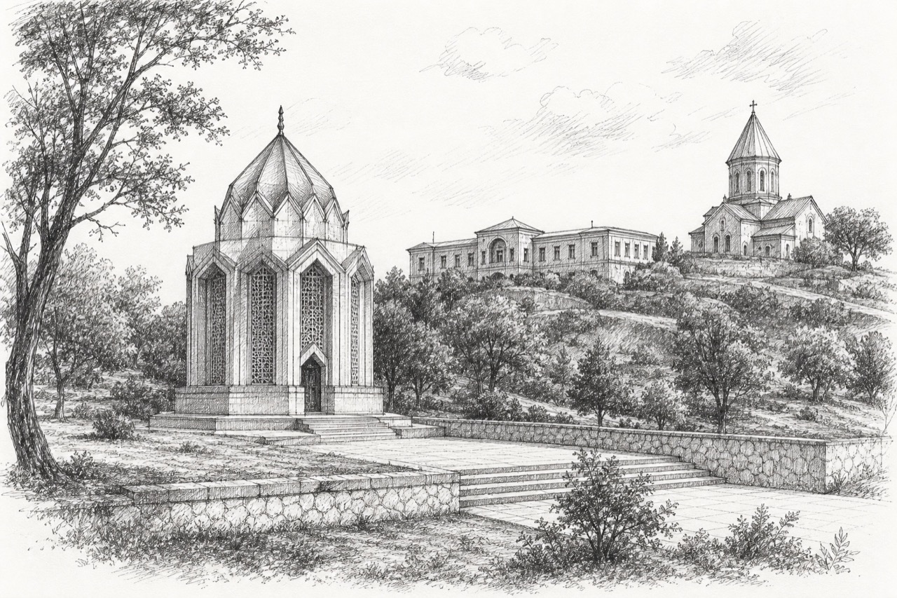 Hand-drawn pencil travel sketch for Shusha, Azerbaijan